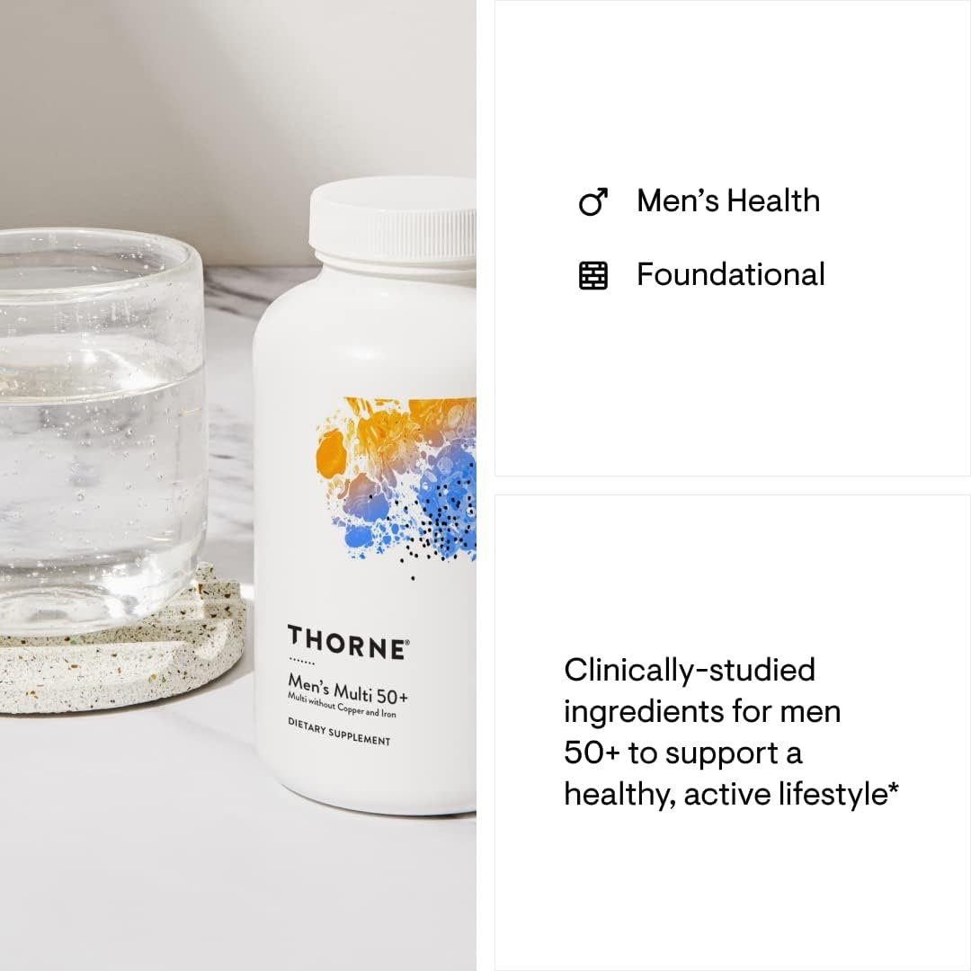 THORNE Men's Multi 50+ - Daily Multivitamin and Nutrients for Men Without Iron and Copper to Support Healthy, Active Lifestyle - Gluten-Free, Soy-Free - 180 Capsules - 30 Servings - Image 4