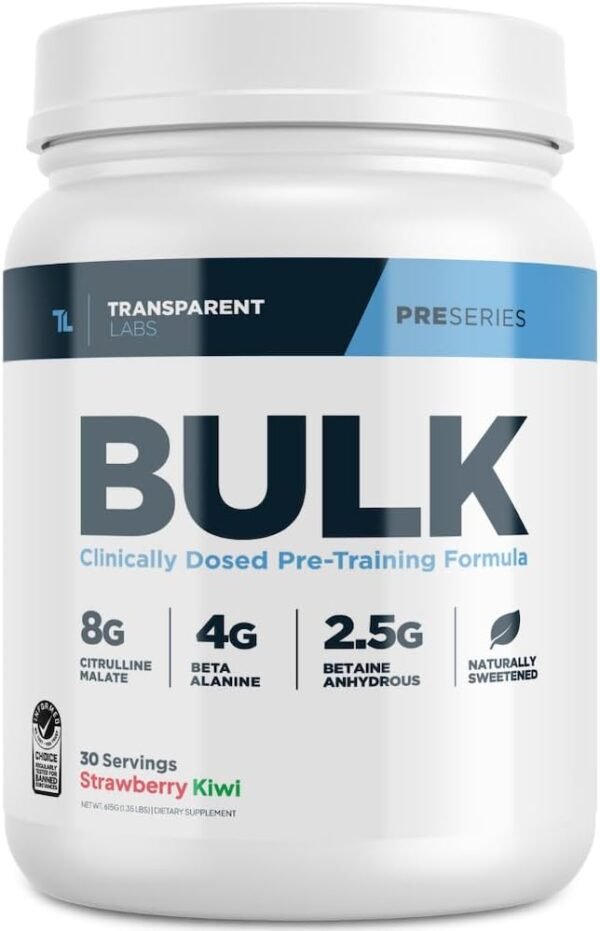 Transparent Labs Bulk Pre Workout Powder - Naturally Sweetened Advanced Pre-Workout Formula for Muscle Building and Strength - 30 Servings, Strawberry Kiwi - Image 2