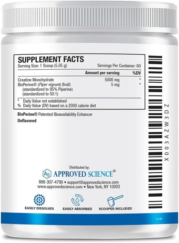 Approved Science Creatine Monohydrate Powder with BioPerine - Workout Support - 120 Servings - 5g Per Serving - Unflavored - Pack of 2 - Non-GMO, Vegan - Image 4