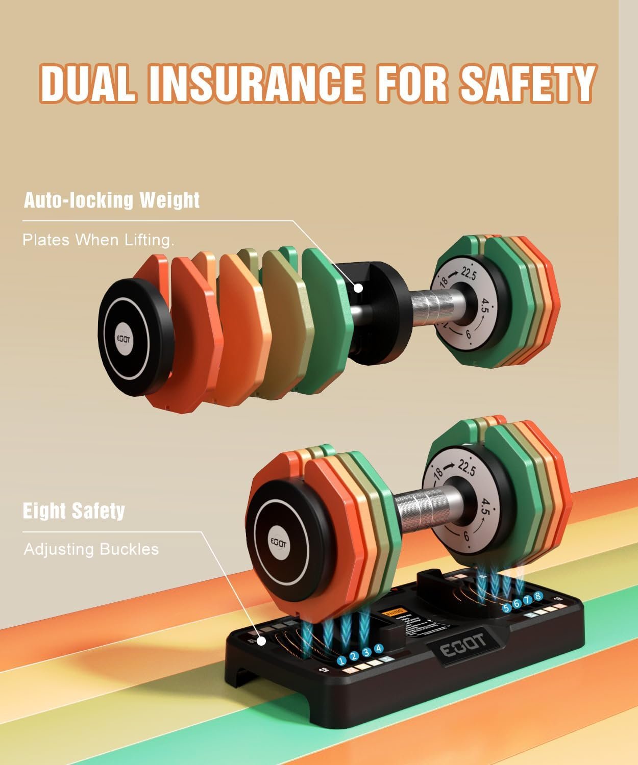 Adjustable Dumbbells Set of 2, 12.5LB/22.5LB 5 in 1 Free Adjustable Dumbbell Set with Anti-Slip Handle & Rainbow-colored Weight Plates for Home Gym, Weight Set for Women Men - Image 3