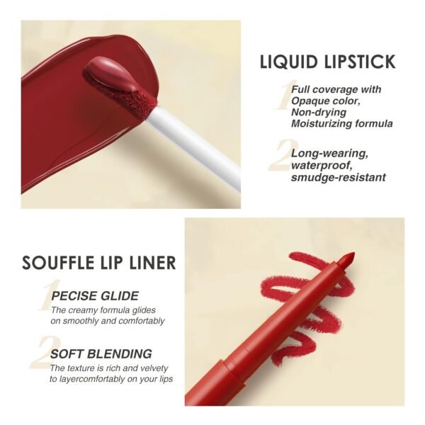 BestLand 6Pcs Matte Liquid Lipstick and Lip Liner Set, Non-Stick Cup Not Fade Waterproof Nude lipstick Makeup Kits Velvety Nude Lipliner Lip Gloss Make Up Gift Set (Set E) - Image 4