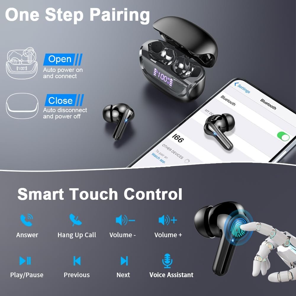 Wireless Earbuds, Bluetooth 5.4 Headphones Deep Bass Stereo, in-Ear Earphones with 4 ENC Noise Canceling Mic, 45H Playtime Dual LED Display Ear Buds, IP7 Waterproof Wireless Headphones for Android iOS - Image 7