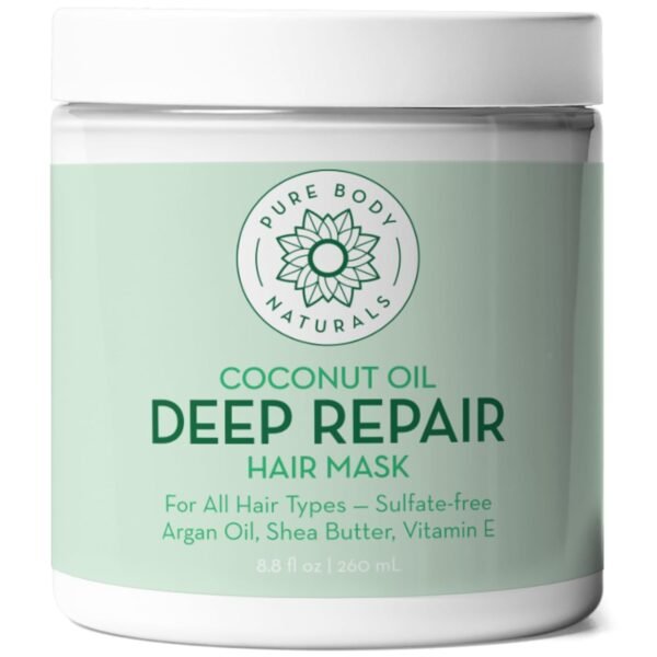 Pure Body Naturals Coconut Oil Hair Mask, Deep Conditioning Hair Treatment for Dry Damaged and Color Treated Hair, Sulfate Free Hair Conditioner, Moisturizes, Repairs, 8.8 Fl Oz - Image 2