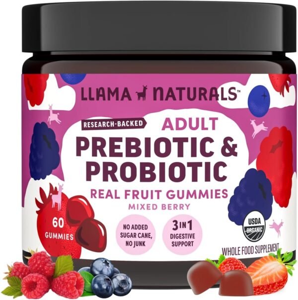 Llama Naturals Real Fruit Prebiotic & Probiotic Gummies for Adults | No Added Sugar Cane,| Vegan Organic Synbiotics, Digestive Support, Women & Men Gut Health, 5B CFU, 60 ct (30 Days) Mixed Berry - Image 2