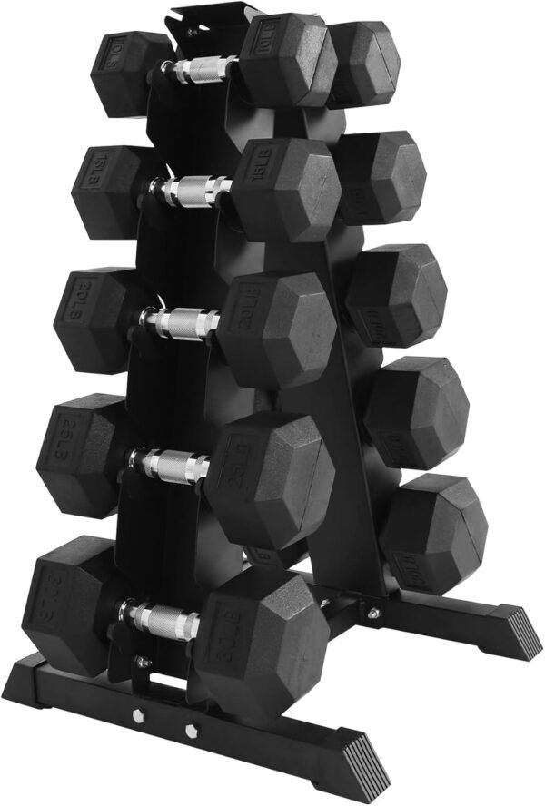 Signature Fitness 200LB Rubber Coated Hex Dumbbell Weight Set and Storage Rack, 10-30 lbs Pairs - Image 3