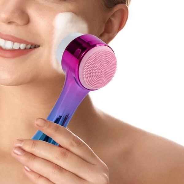 Face Brush 2 in 1, Silicone Facial Cleansing Exfoliating Brush Soft Bristles Pore Deep Cleansing Manual Dual Face Wash Scrub Brush for Massaging, Makeup Skincare Removal, Gradient Purple Blue - Image 7