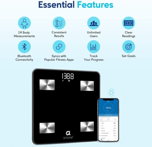 arboleaf Scale for Body Weight, Accurate Smart Digital Weight Bluetooth Bathroom Scale, 14 Body Composition Analysis, 400lbs, Black - Image 3