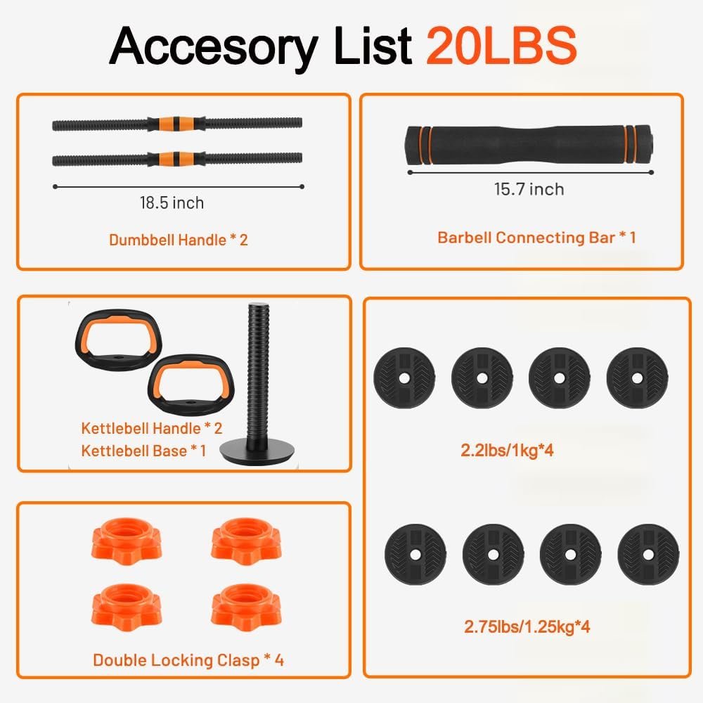 4 in 1 Adjustable Dumbbell Set with Connecting Rod Used as Barbell, Kettlebells, Push up Stand, Fitness Exercises for Home Gym, Orange - 20/30/50 Pounds - Image 8