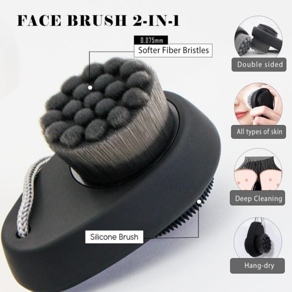 2 Pack Facial Cleansing Brushes, Face Brush with 2-in-1 for Deep Pore Cleansing and Exfoliation, Silicone Scrubber & Soft Bristle Sides (Black & Black) - Image 3