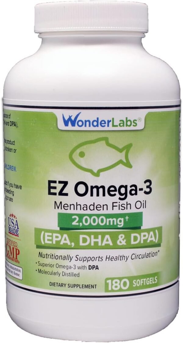 EZ Omega-3 Atlantic Menhaden Fish Oil Supplement 2000 mg, Burpless, Made in The USA, Perfect Balance of EPA+ DHA + DPA 180 Softgels - Image 2