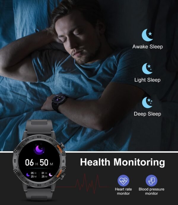 Military Smart Watch for Men(Answer/Dial Calls),100 Sports Modes, 5ATM Waterproof Fitness Watch with Heart Rate/SpO2/Blood Pressure for Android and iOS,1.39''HD DIY Screen Smartwatch Black - Image 6