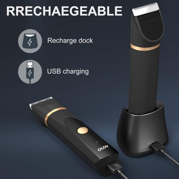 OLOV Electric Body Hair Trimmer for Men - Wet/Dry Body Shaver Groomer with 2 Repalcement Ceramic Blade, USB Recharge Dock & Nosetrimmer Head, Waterproof Male Hygiene Razor - Image 6