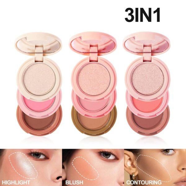Blush and Highlighter Palette,3 in 1 Contour Palette,Cruelty-Free Matte Bronzer Powder,women's brightening pearlescent highlighter，Eyeshadow powder makeup set (03#) - Image 5