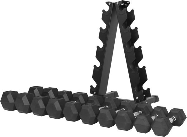 Signature Fitness 200LB Rubber Coated Hex Dumbbell Weight Set and Storage Rack, 10-30 lbs Pairs - Image 4