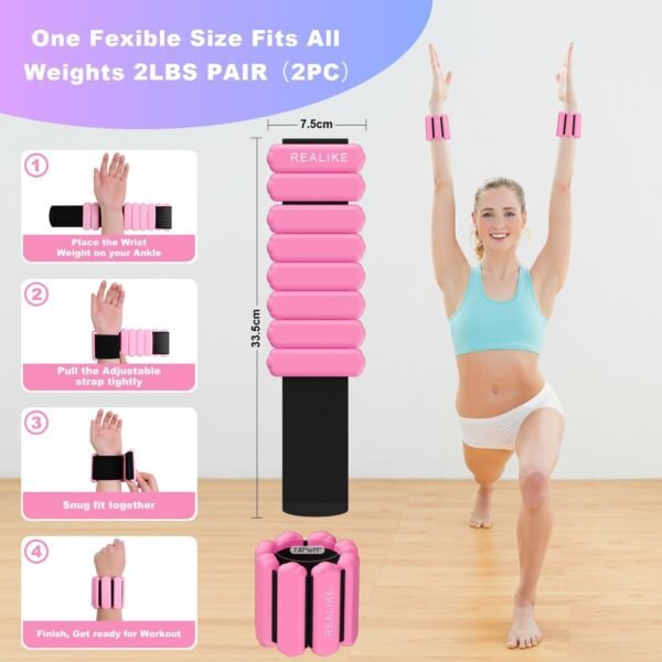 REALIKE Wrist Weights Ankle Weights for Women, Wearable Arm & Leg Weights Set of 2 (1LB Each) Adjustable Silicone Workout Ankle Weights for Walking, Yoga, Pilates,Aerobics,Gym - Image 5