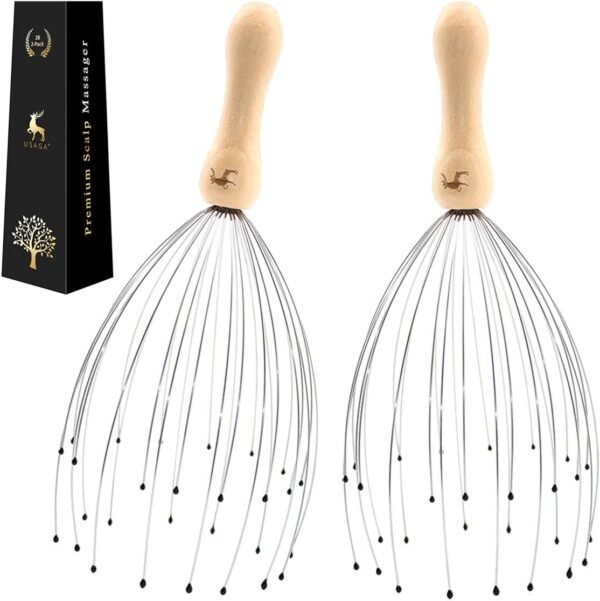 USAGA 28 Finger Head Scratcher, Head Massager, Scalp Massager, Head Whisk Massager for Head Hair Body Massage and Stress Relax, Wire Massager Wood Handle (2 Pack) - Image 2
