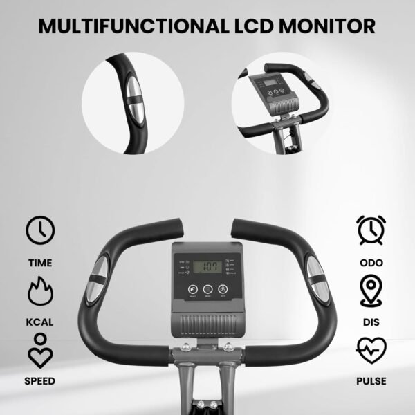 Exercise Bike Stationary Bike Folding Exercise Bike with 10 Level Adjustable Magentic Resistance Support Back Pad and Phone/Tablet Holder Arm Resistance Band Pulse Sensor LCD Monitor for Home Workout 265 LB Capacity - Image 3