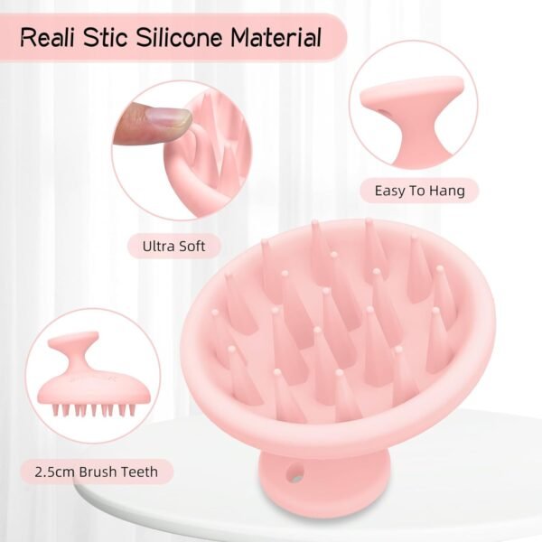 Silicone Scalp Massager Shampoo Brush, Head Scrubber with Soft Bristles for Hair Growth, Scalp Exfoliator for Dandruff Removal, Wet Dry Hair Brush for Scalp Care, Pink - Image 3