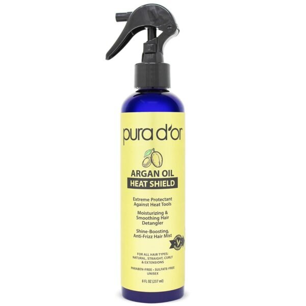 PURA D'OR 8 Oz Argan Oil Heat Shield Protectant Spray with Select Organic Ingredients, Protects Up To 450º F From Flat Iron & Hot Blow Dry, Leave-In, Define & Shine Dry & Damaged Hair - Image 2