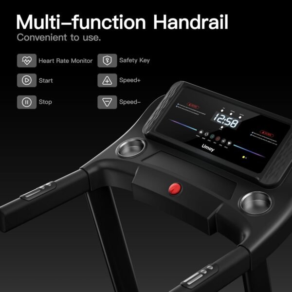 UMAY Black Auto Folding Treadmill with 3-Level Incline, Pulse Sensors, 3.0 HP Quiet Brushless Motor, 8.7 MPH Speed, and 300 lbs Capacity - Image 6