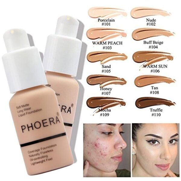 PHOERA Foundation, PHOERA Matte Liquid Foundation,PHOERA Makeup for Women, PHOERA Foundation Full Coverage Concealer, 30ml 24HR Matte Oil Control Concealer (106 - Warm Sun) - Image 3