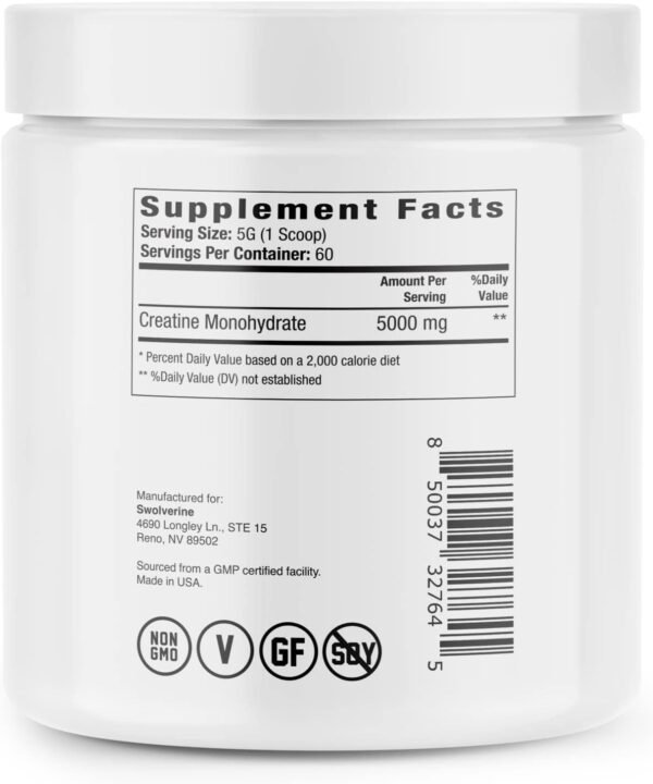 Swolverine Creatine Monohydrate | Best Micronized Creatine Powder, Kre-Alkalyn for Power, Strength, and Boost Performance (Unflavored, 60 Servings) - Image 3