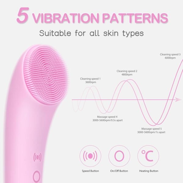 PRITECH Silicone Face Scrubber, Rechargeable Facial Cleansing Brush with Heat Massage End, Vibrating Exfoliating Face Scrubber for Women and Men, Waterproof Facial Scrubber for Deep Cleansing (Pink) - Image 5