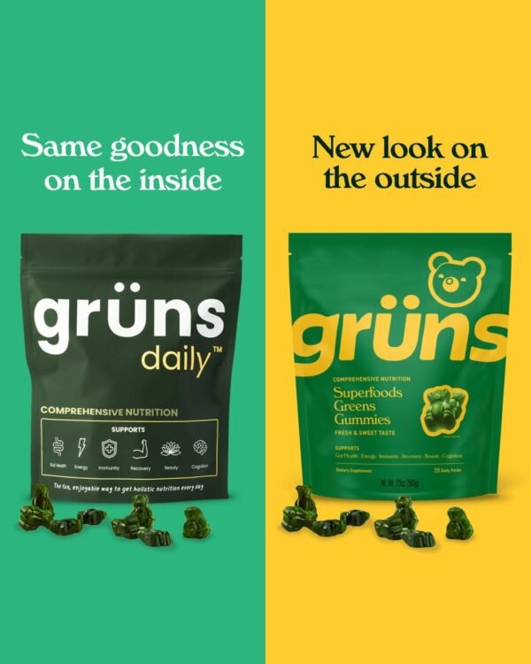 Gruns Adults Super Greens Gummies, Superfood Gummy Bears with Spirulina, Chlorella & Prebiotics for Digestive Health - Adaptogens Supplement with 20 Vitamins & Minerals, Low Sugar- 1 Month Supply - Image 3
