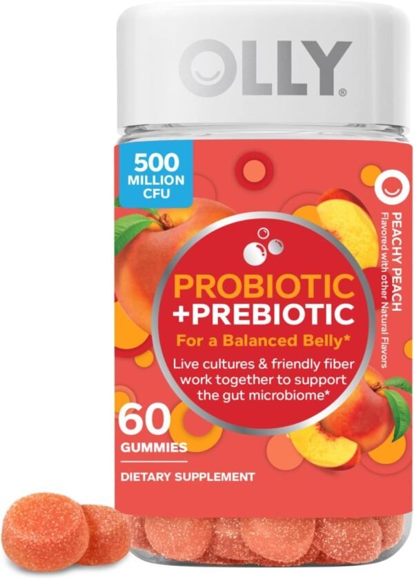 OLLY Probiotic + Prebiotic Gummy, Digestive Support and Gut Health, 500 Million CFUs, Fiber, Adult Chewable Supplement for Men and Women, Peach, 60 Day Supply - 60 Count - Image 2