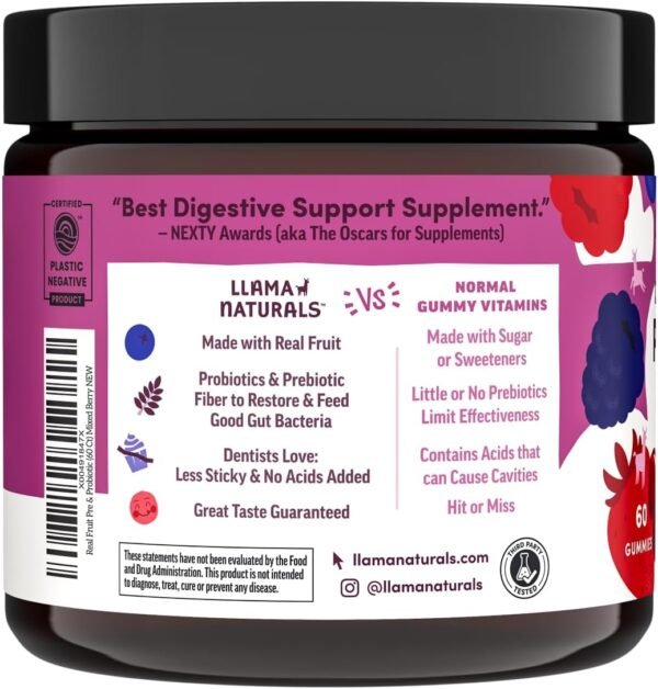 Llama Naturals Real Fruit Prebiotic & Probiotic Gummies for Adults | No Added Sugar Cane,| Vegan Organic Synbiotics, Digestive Support, Women & Men Gut Health, 5B CFU, 60 ct (30 Days) Mixed Berry - Image 6
