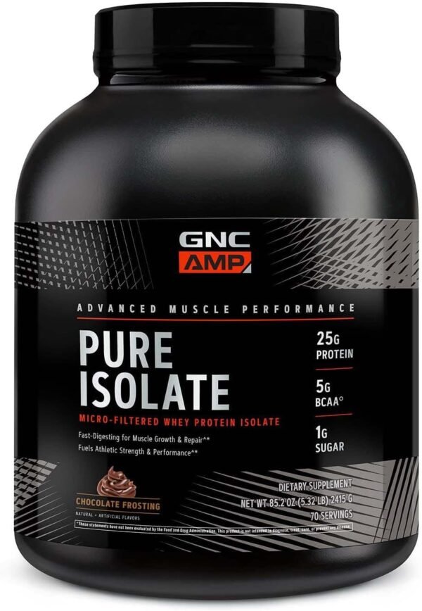GNC AMP Pure Isolate | Fuels Athletic Strength, Performance and Muscle Growth | Fast Absorbing | 25g Whey Protein Iso with 5g BCAA | Chocolate Frosting | 70 Servings - Image 2