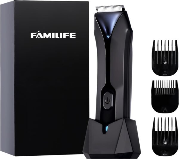 FAMILIFE Body Trimmer for Men, Ball Trimmer Men, Electric Groin & Pubic Hair Trimmers, Replaceable Ceramic Blade Heads, Waterproof Wet/Dry Use, Standing Recharge Dock, 90 Minutes Usage - Image 2
