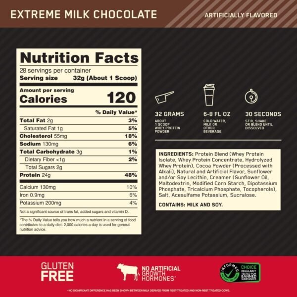 Optimum Nutrition Gold Standard 100% Whey Protein Powder, Extreme Milk Chocolate, 2 Pound (Pack of 1) (Packaging May Vary) - Image 4