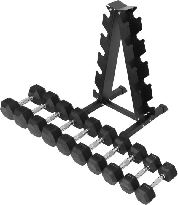Signature Fitness 200LB Rubber Coated Hex Dumbbell Weight Set and Storage Rack, 10-30 lbs Pairs - Image 5