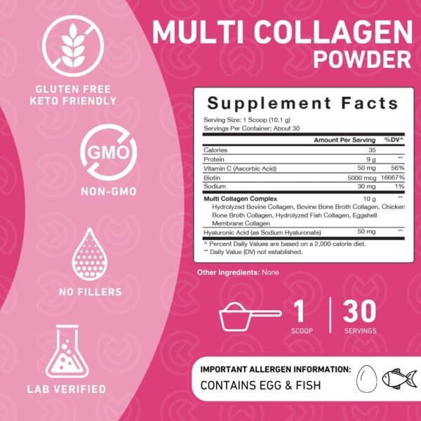 Multi Collagen Peptides Powder - Dissolving Collagen Powder Type I, II, III, V & X with Biotin & Vitamin C - Anti-Aging, Healthy Hair, Skin & Nails - Unflavored - Image 6