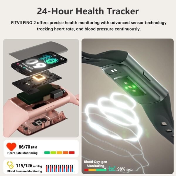 FITVII FINO 2 Slim Fitness Tracker, Smart Watch with Blood Oxygen, Sleep Monitor, 24/7 Heart Rate & Blood Pressure, IP68 Waterproof Health Activity Trackers with Calories Step Counter for Women Men - Image 5