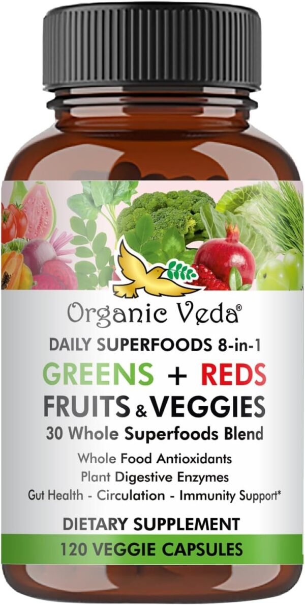 Organic Veda Super Greens Reds Veggies Capsules - 8 in 1 Daily 30 Whole Organic Superfoods Fruits & Vegetables Supplement - Papaya Enzymes, Spirulina, Chlorella, Moringa, Beet, Turmeric - 120 Vegan - Image 2