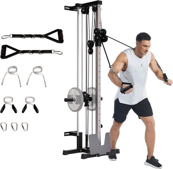 Wall Mount Cable Machine, LAT Pulldown Machines with 19 Positions Dual Pulley System, Cable Crossover Machine with Adjustable Footplate, Weight Workout Equipment Home Gym Station - Image 2