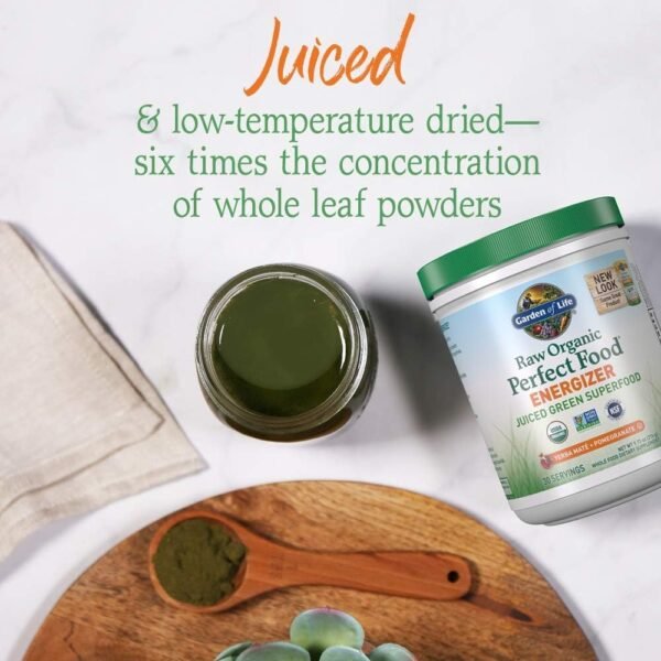 Garden of Life Raw Organic Perfect Food Energizer Juiced Green Superfood Powder - Yerba Mate Pomegranate, & Probiotics, Gluten Free Whole Food Greens Supplements, 30 Servings, 9.73 Oz - Image 4