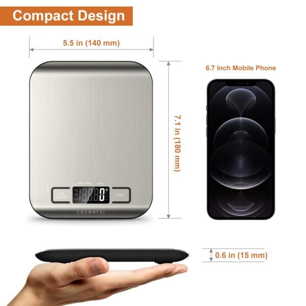 CROWNFUL Food Scale, 11 lb Digital Kitchen Scales with Built-in Coin Battery, Weight Ounces and Grams for Cooking and Baking, 6 Units with Tare Function, LCD Display, 304 Stainless Steel - Image 8