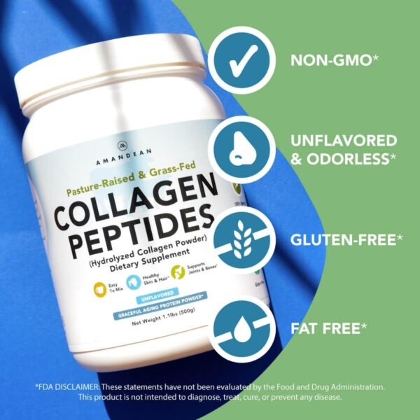 AMANDEAN Collagen Peptides Powder (17.6oz). Grass-Fed Hydrolyzed Protein Supplement. Promotes Healthy Joints, Skin, Hair, Nails. Unflavored & Easy to Mix. - Image 3