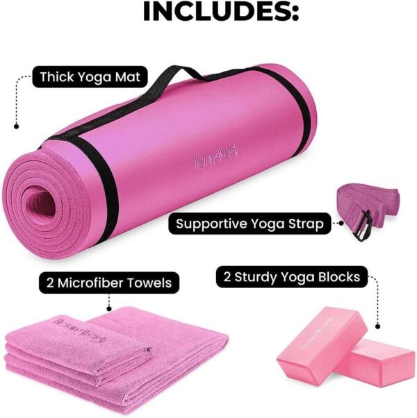 HemingWeigh Yoga Mat Thick, Yoga Set for Home Workouts, 1/2 Inch Thick Yoga Mat for Women, Men, Non Slip Yoga Mat with Yoga Foam Blocks, Yoga Strap, 2 Microfiber Towels, Beginner Friendly - Image 4