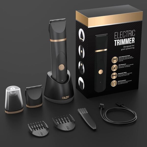 OLOV Electric Body Hair Trimmer for Men - Wet/Dry Body Shaver Groomer with 2 Repalcement Ceramic Blade, USB Recharge Dock & Nosetrimmer Head, Waterproof Male Hygiene Razor - Image 9