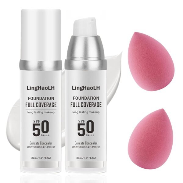 2PCS Color Changing Foundation Makeup Set with 2 Makeup Sponges,Moisturizing Full Coverage Liquid Foundation for Women,Non-greasy Long Lasting Flawless Concealer Cream Makeup Foundation Set - Image 2