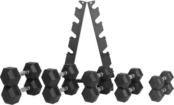 Signature Fitness 200LB Rubber Coated Hex Dumbbell Weight Set and Storage Rack, 10-30 lbs Pairs - Image 6