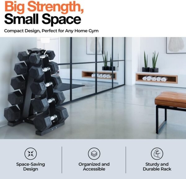 Weights Dumbbells Set with Rack - 150 lb Rubber-Coated Dumbbells for Easy Grip | Durable Carbon for Strength Training | Essential Workout Equipment for All Fitness Levels - Image 3