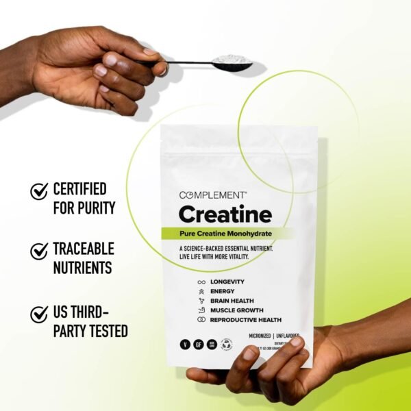 Complement Creatine Monohydrate Micronized Powder for Women and Men (5g, 60 Servings) Pre Workout, Post Workout, Muscle Recovery, Brain Health, Longevity- Vegan, Unflavored - Image 8