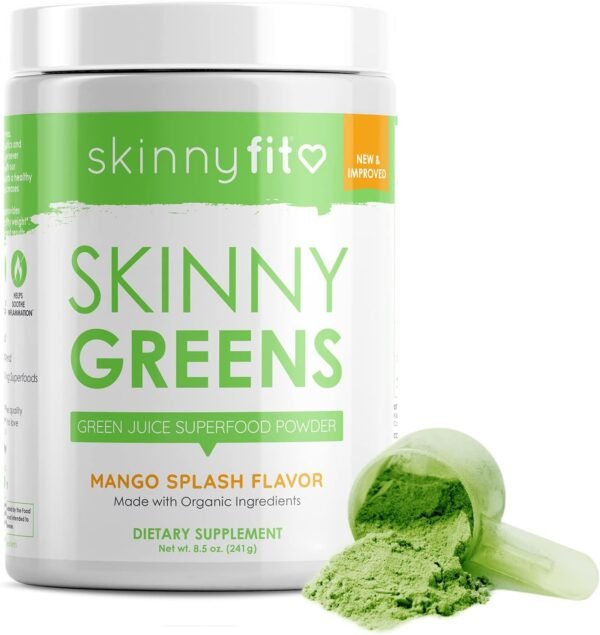 SkinnyFit Mango Splash Skinny Greens, Green Juice Superfood Powder, Natural Energy & Focus, Reduce Bloating, Spirulina, Chlorella, 30 Servings - Image 2