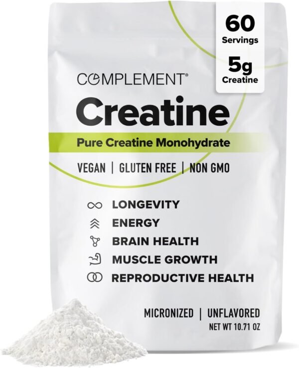 Complement Creatine Monohydrate Micronized Powder for Women and Men (5g, 60 Servings) Pre Workout, Post Workout, Muscle Recovery, Brain Health, Longevity- Vegan, Unflavored - Image 2