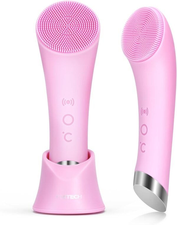 PRITECH Silicone Face Scrubber, Rechargeable Facial Cleansing Brush with Heat Massage End, Vibrating Exfoliating Face Scrubber for Women and Men, Waterproof Facial Scrubber for Deep Cleansing (Pink) - Image 2